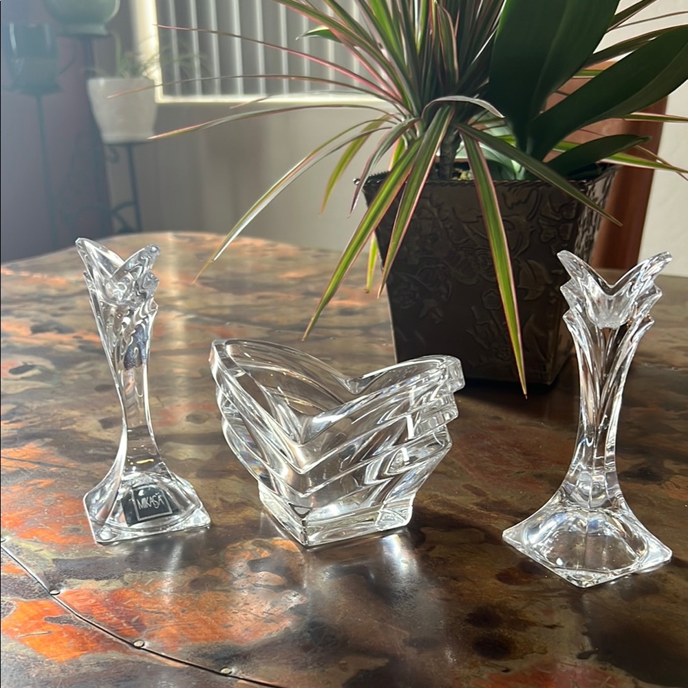 Mikasa set- 3 pieces Geometric Faceted Vase Accents. Candle holders